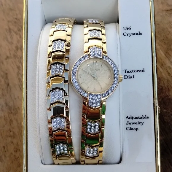 Elgin Accessories Elgin Gold 36 Crystal Watch Bracelet Set